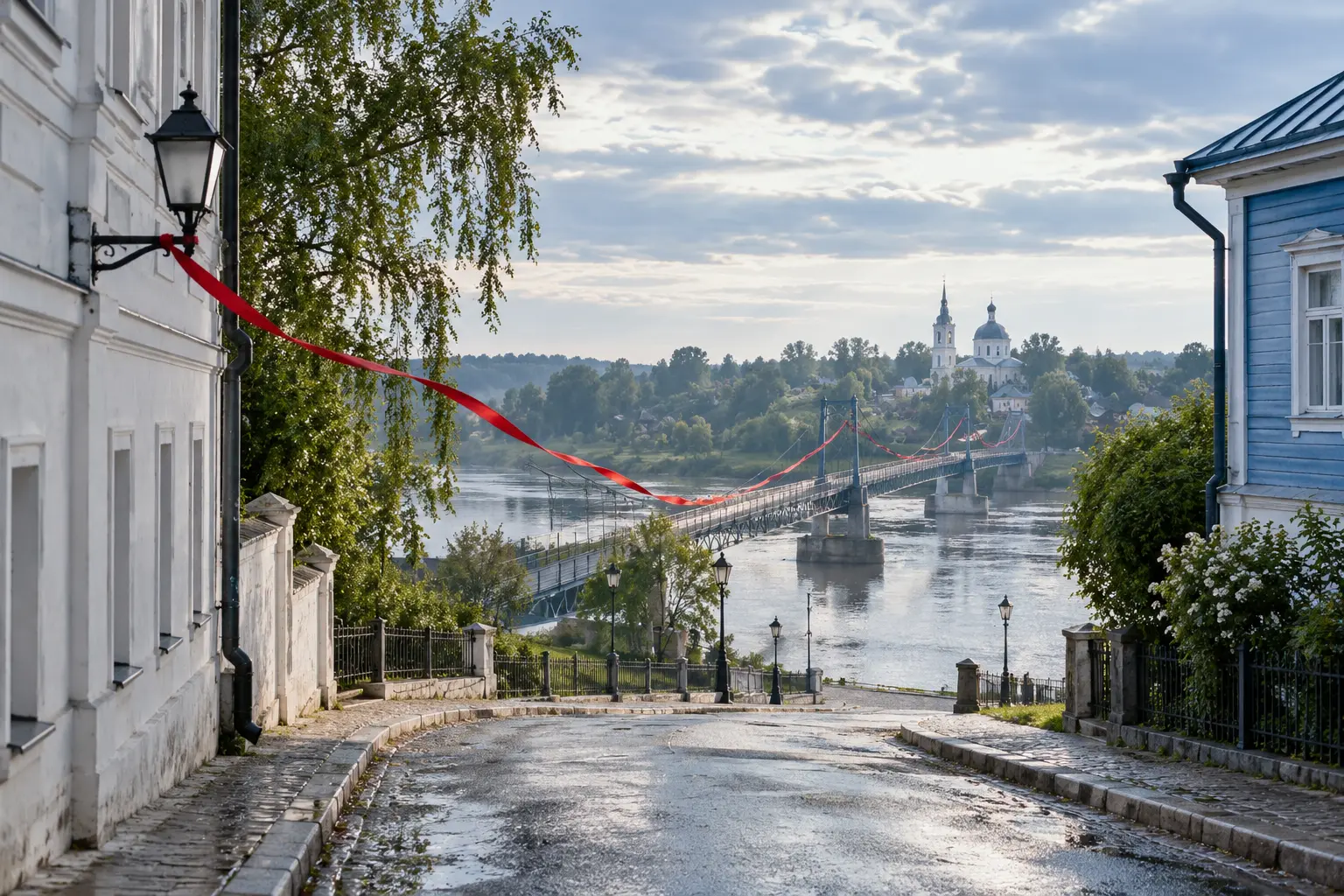 Улица небольшого города ведёт к пешеходному мосту через реку